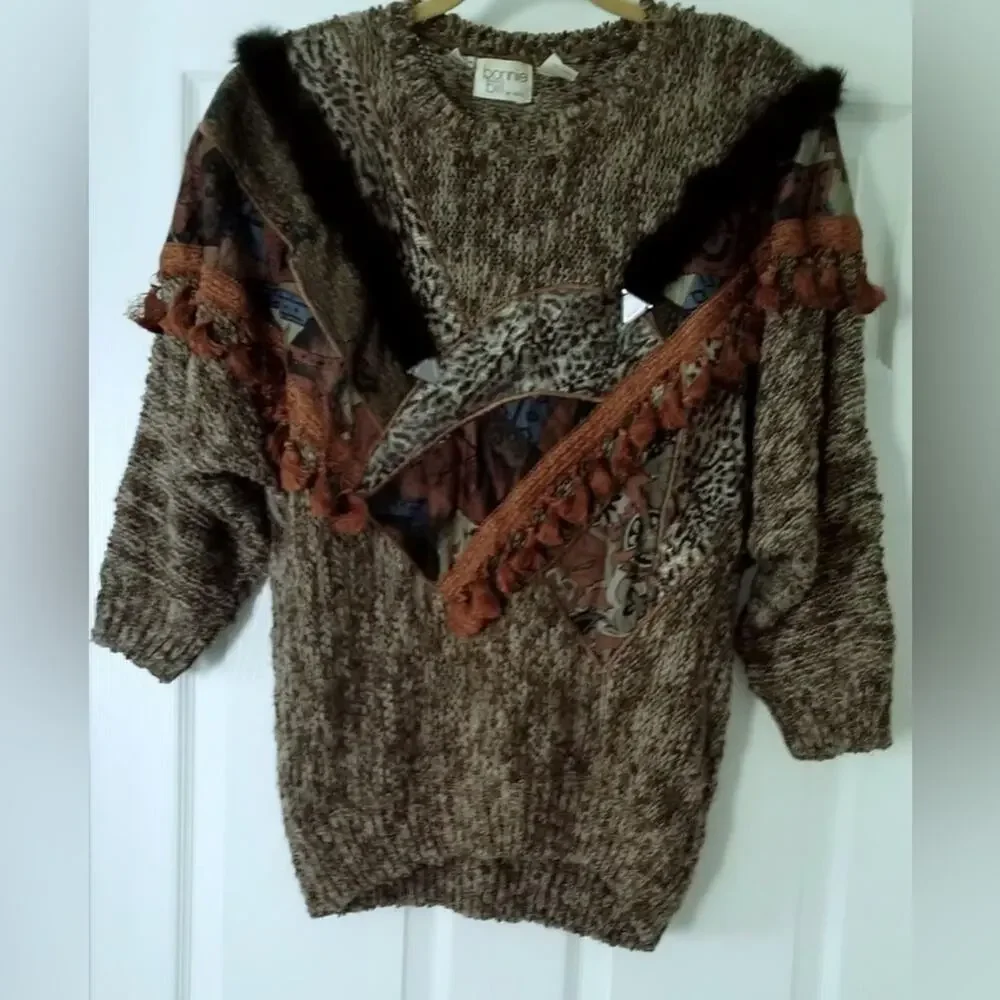 Vintage 1980s Oversized Faux Fur Trim  Animal Print Tassels Chunky Knit SZ SMALL